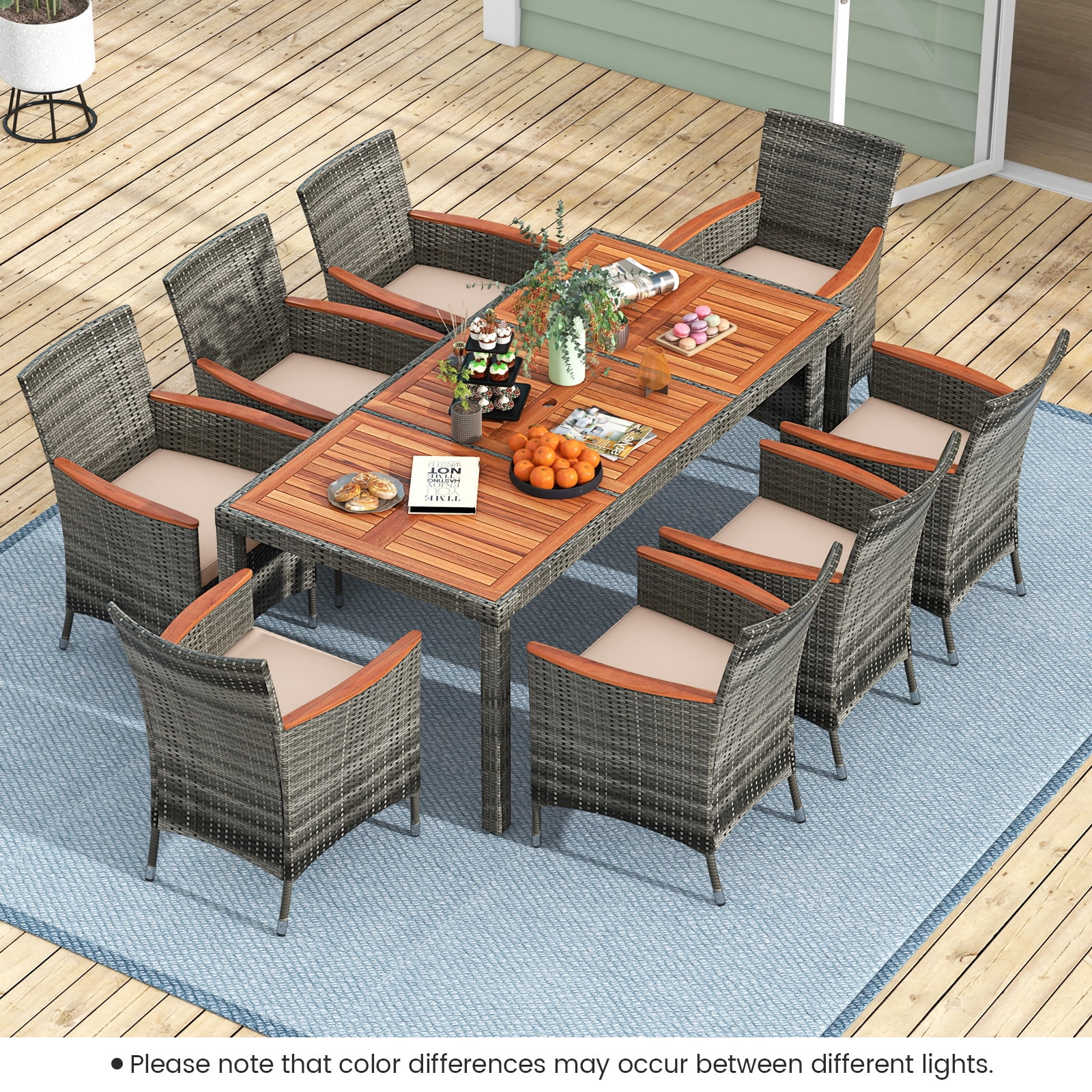 COSTWAY 9PCs Patio Rattan Dining Set Acacia Wood Table Cushioned Chair Mix Gray