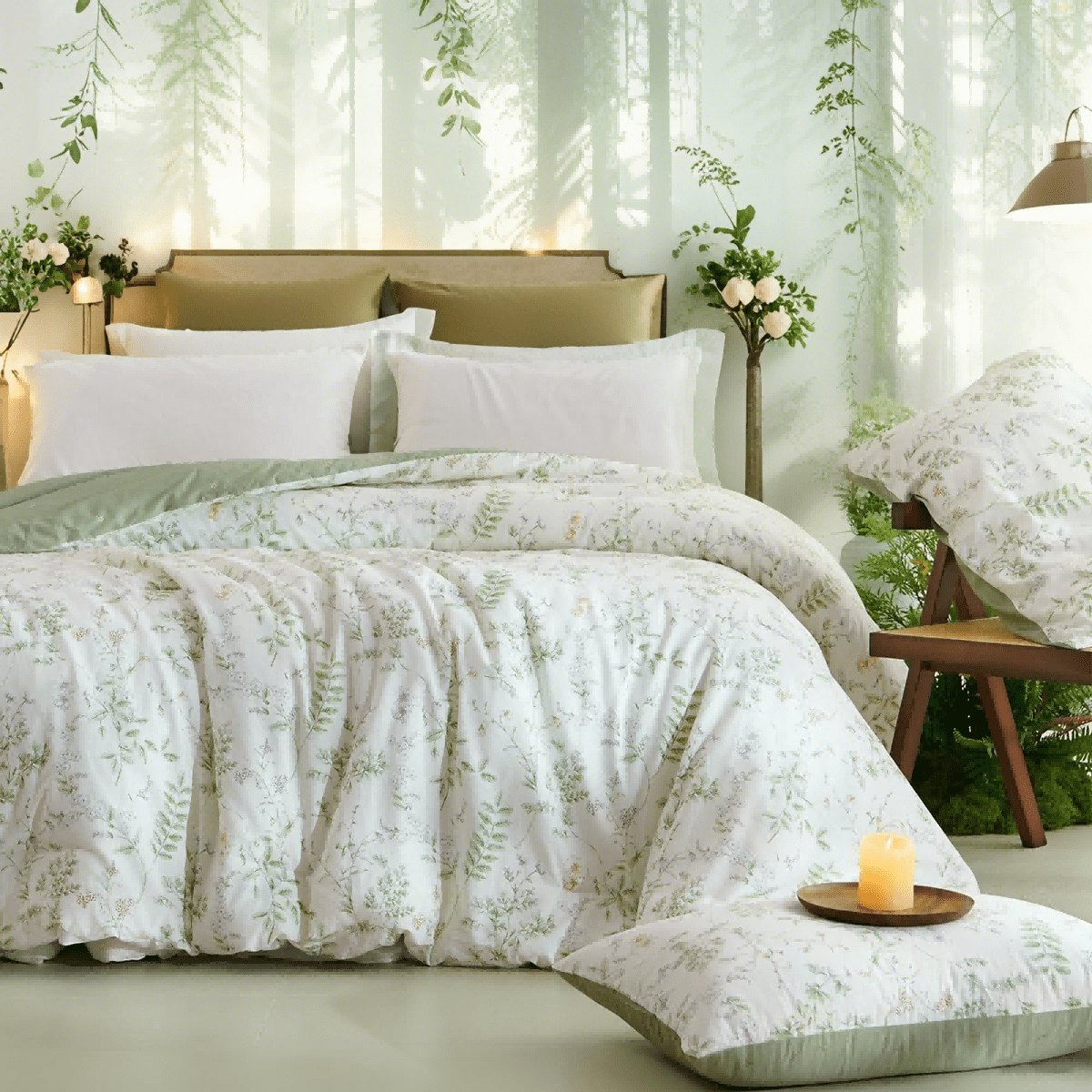 JOLUSERE Green Floral White Comforter Queen Sets, 3 Pieces Chic Garden Style Botanical Purple Floral Reversible Comforter for All Season