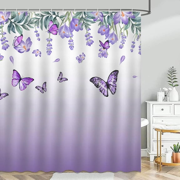 Lindameler Violet Floral Butterfly Shower Curtain Purple Lavender Butterfly Flower Shower Curtain Bathroom Bathtub Curtain with 12 Hooks 72x72 Inch