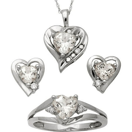 CZ and Created White Sapphire Sterling Silver Heart Pendant, Earrings and Ring Set