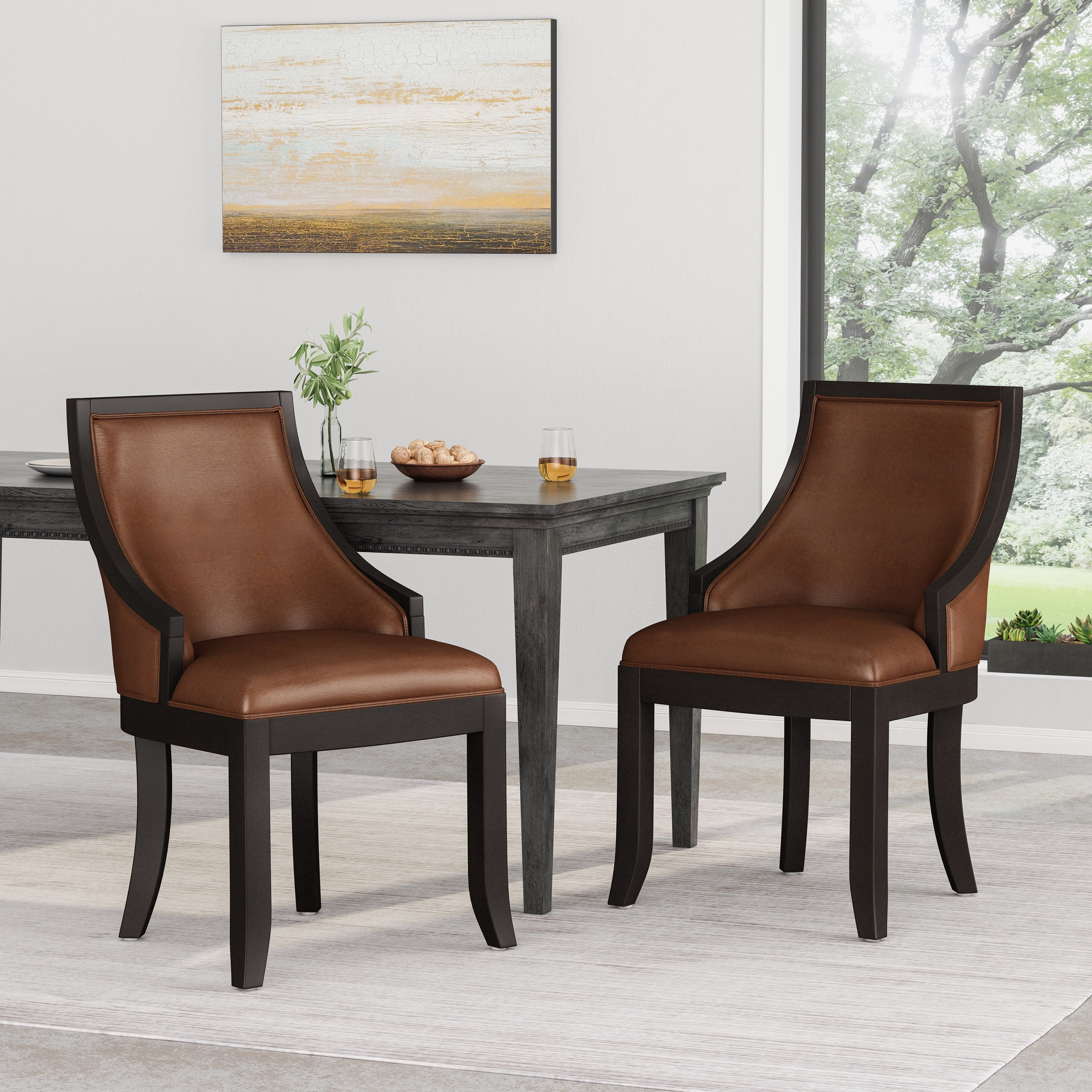 Noble House Newell Faux Leather Upholstered Birch Wood Dining Chairs, Set of 2, Cognac Brown and Walnut
