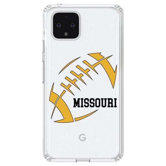 DistinctInk Clear Shockproof Hybrid Case for Google Pixel 4 (5.7" Screen) - TPU Bumper, Acrylic Back, Tempered Glass Screen Protector - Missouri Football - Gold, Black
