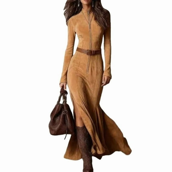 Women'S Western Suede Long Dress Fall Long Sleeve Zip Up Bodycon Slim Fit Dresses Light Brown XL