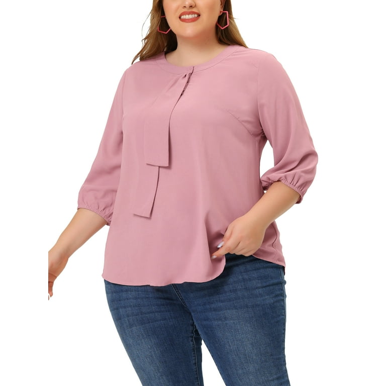 Unique Bargains Women s Plus Size Blouse Round Neck Work Ruffle