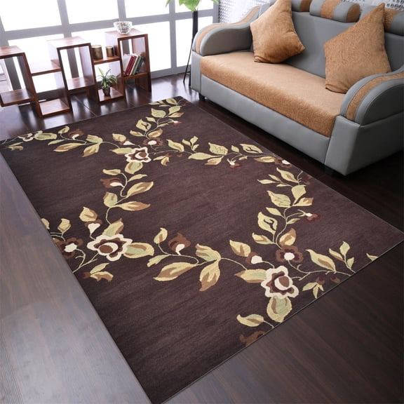 Rugsotic Carpets Hand Tufted Wool Eco-Friendly 8'x11' Area Rugs Rectangle Brown Floral Modern High Pile Thick Handmade Anti Skid Indoor Rug for Living Room, Bedroom K00670
