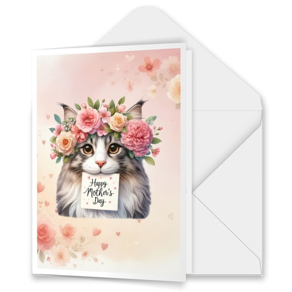 Happy Mother's Day Maine Coon with Flower Crown and Greeting Card 5x7in Folded Greeting Card Cat Lover Kitten Owner Gifts Single Note Card with Envelope - 13004
