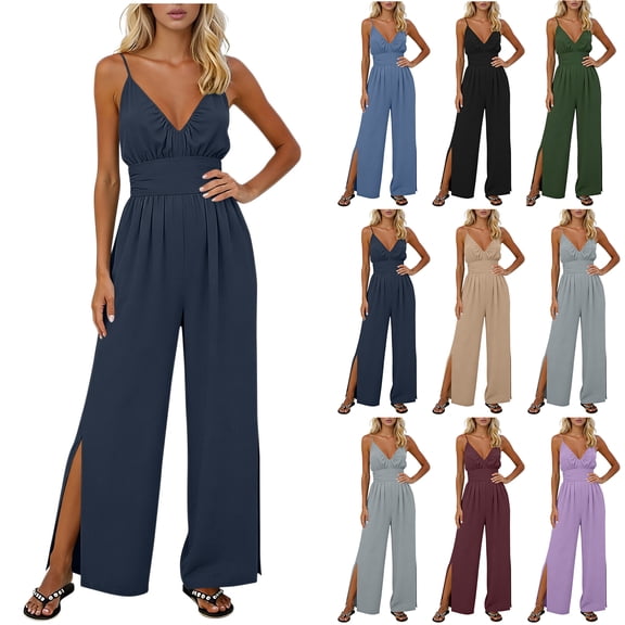 Bloomae Jumpsuits for Women 2026 Summer Dressy Spaghetti Strap Ruched Deep V Neck High Slit Wide Leg Overalls Loose Flowy Romper Jumpers Outfits Red XXL