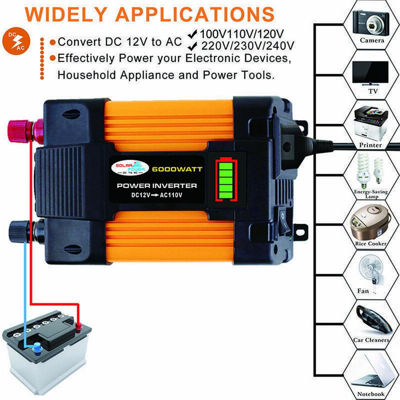 6000W Power Inverter DC12V to AC110V Converter Generator, Sine Wave Convert with 2 USB Ports 1 Sockets for Laptop/IPad/Mobile Phones/Camera