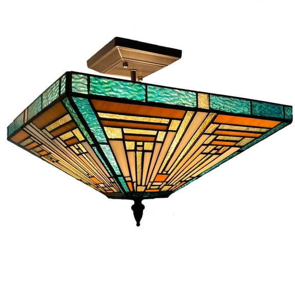 Tiffany Ceiling Light Semi Flush Mount, 14" Wide Stained Glass Mission Style Ceiling Lamp