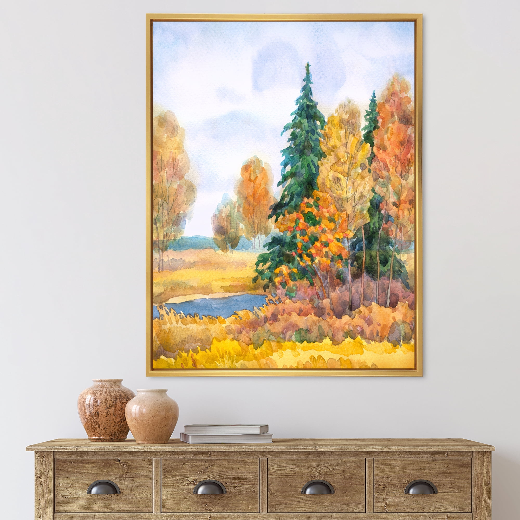 Designart 'Autumn Forest By The Lake Side V' Lake House Framed Canvas Wall Art Print