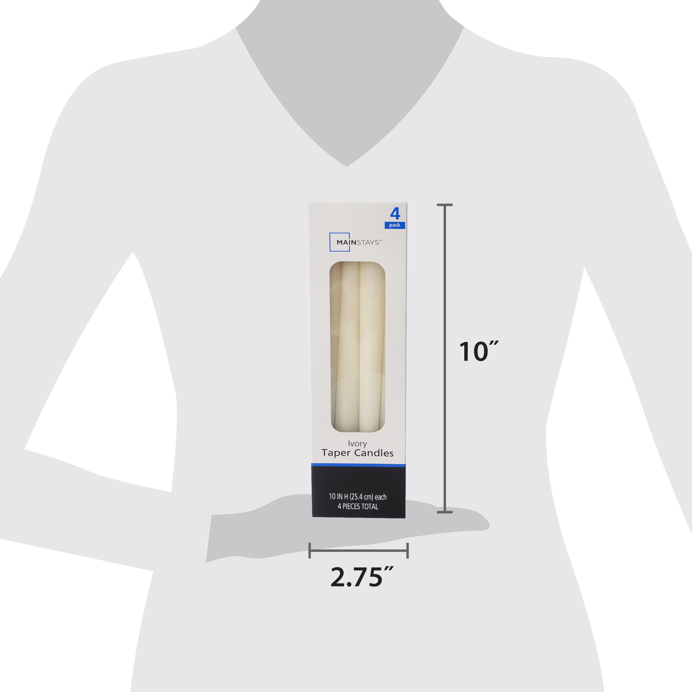 Mainstays Single Wick 10" Taper Candle, Unscented, Ivory, 4 Pack
