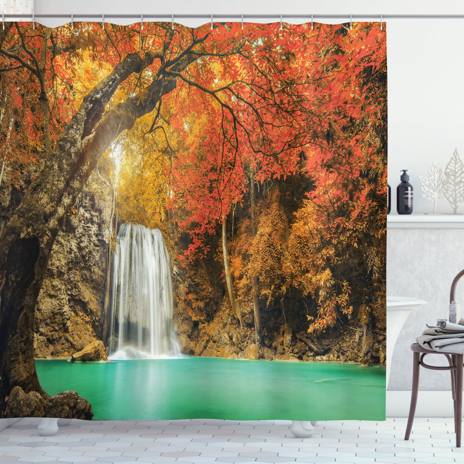 Waterfall In Red Leaves Forest Bathroom Polyester Fabric Shower Curtain 71 Inch 