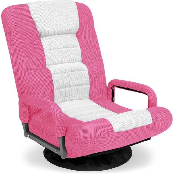 Songqin Swivel Gaming Chair 360 Degree Multipurpose Floor Chair Rocker for TV, Reading, Playing Video Games w/Lumbar Support, Armrest Handles, Adjustable Foldable Backrest - Pink/White