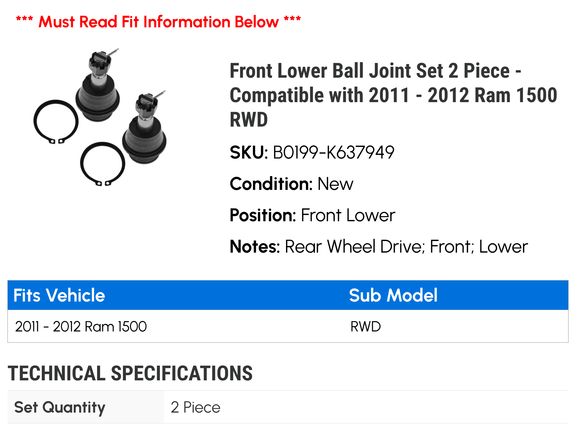 Front Lower Ball Joint Set 2 Piece - Compatible with 2011 - 2012 Ram 1500 RWD