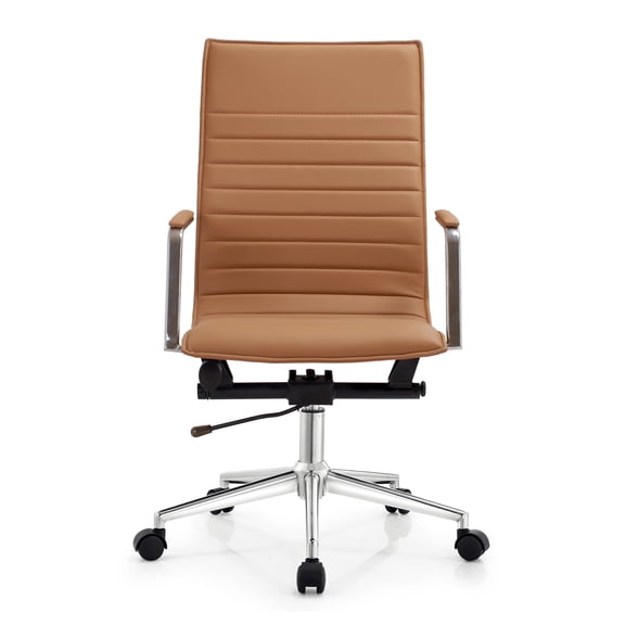 2xhome Modern High Back Office Desk Chair | Upholstered Ribbed PU Leather with Metal Frame | Adjustable Height, Tilt Lock | Computer Armchair for Home, Conference, Meetings (Beige), Set of 1, 1 piece