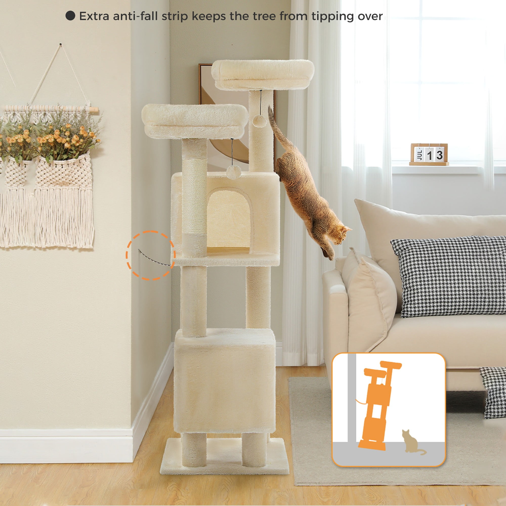 Kadyn 52" Multilevel Cat Tree Tower for Indoor Cats, Plush Cat Tree House with 2 Padded Perches, 2 Condos and 2 Scratching Posts, Beige