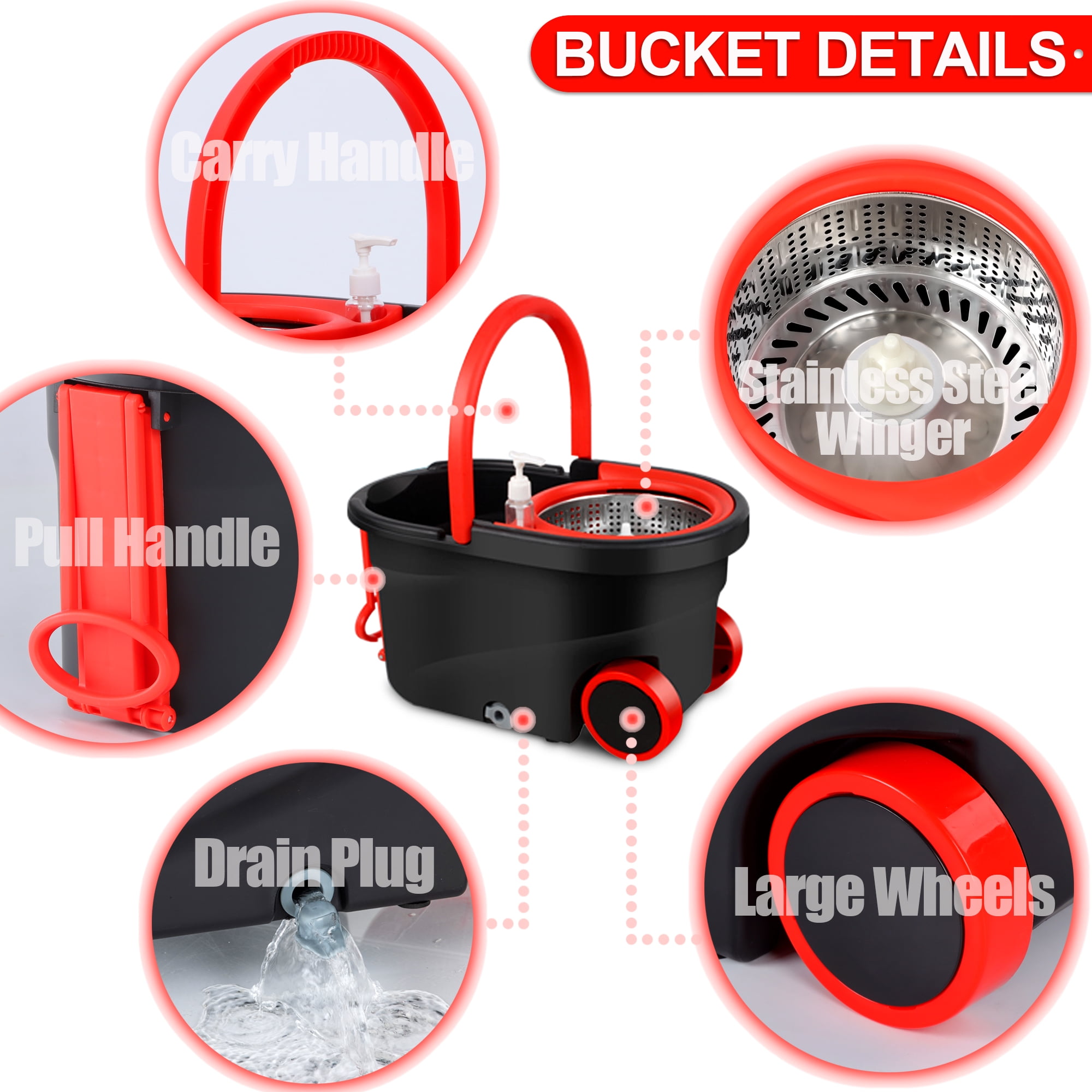 Spinning Mop Bucket, 360 Easy Spin Mop & Bucket System with Wringer, Mop and Bucket Set, 3 Microfiber Mop Heads, Black