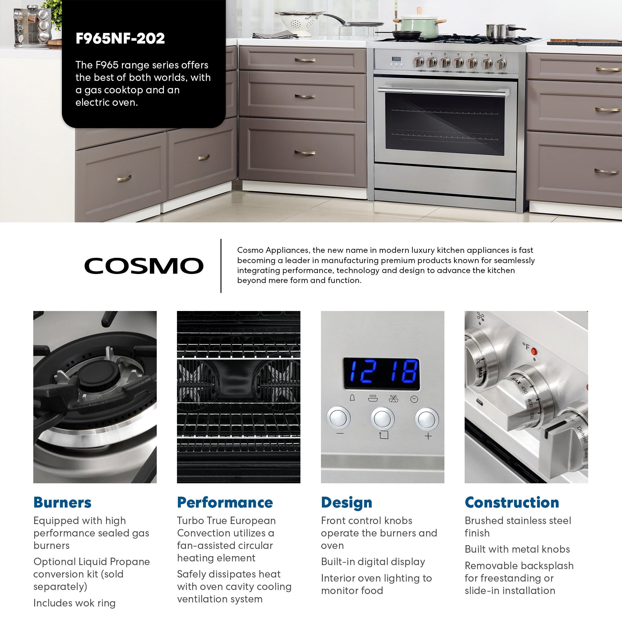 Commercial Style 36. in. 3.8 cu. ft. 5 Burners Dual Fuel Range, Convection Oven, Textured Grip Handle in Stainless Steel