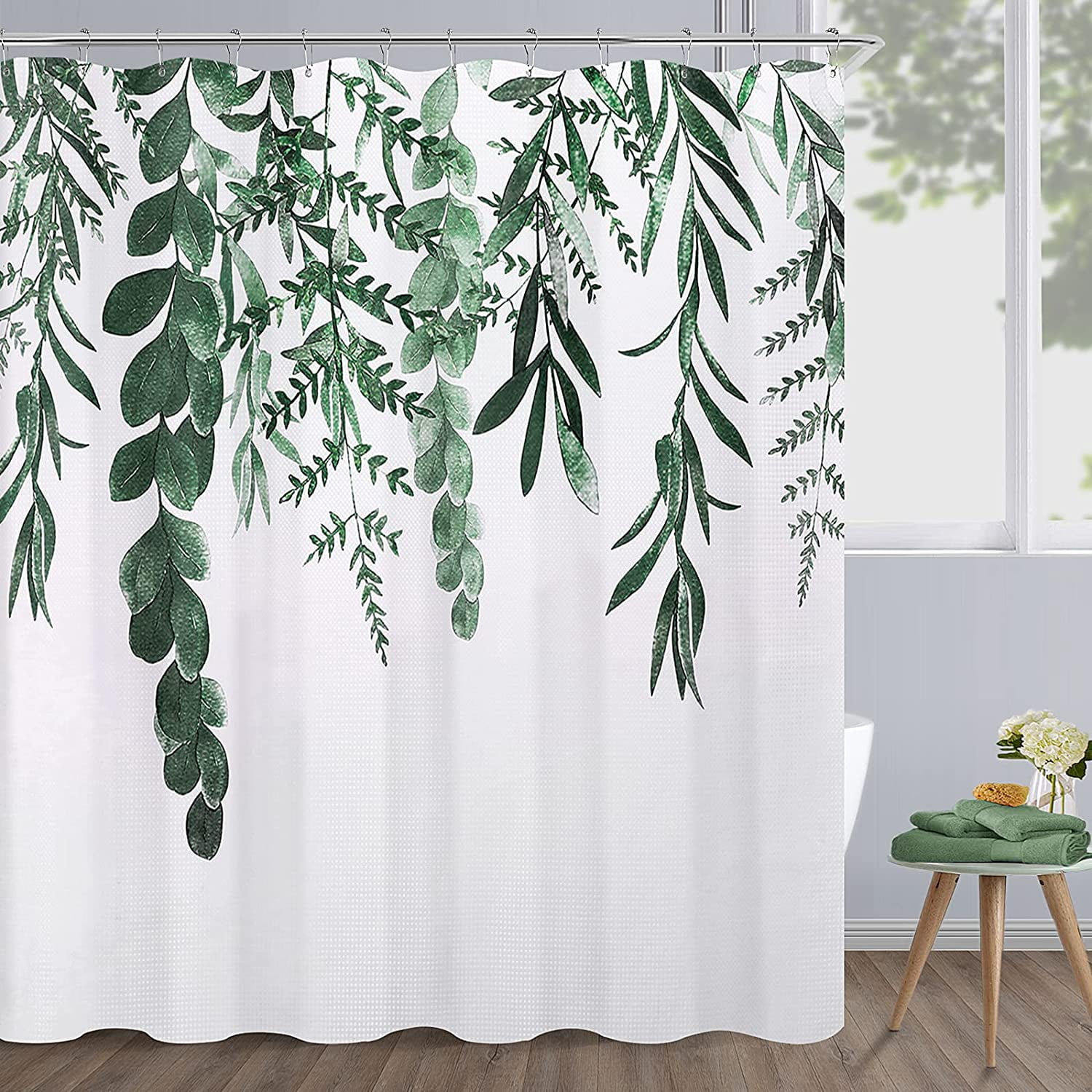 aoselan Hunter Green Eucalyptus Plant Shower Curtain Emerald Watercolor ...