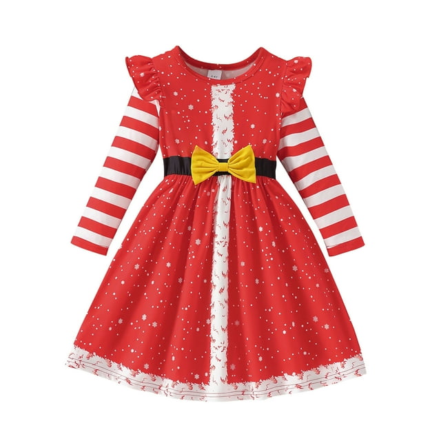 Odeerbi Niñas Navidad Copo de Nieve Vestidos Primavera Otoño Ruffle Manga Larga Vestido A-Line Niños Vestido de Fiesta A Rayas