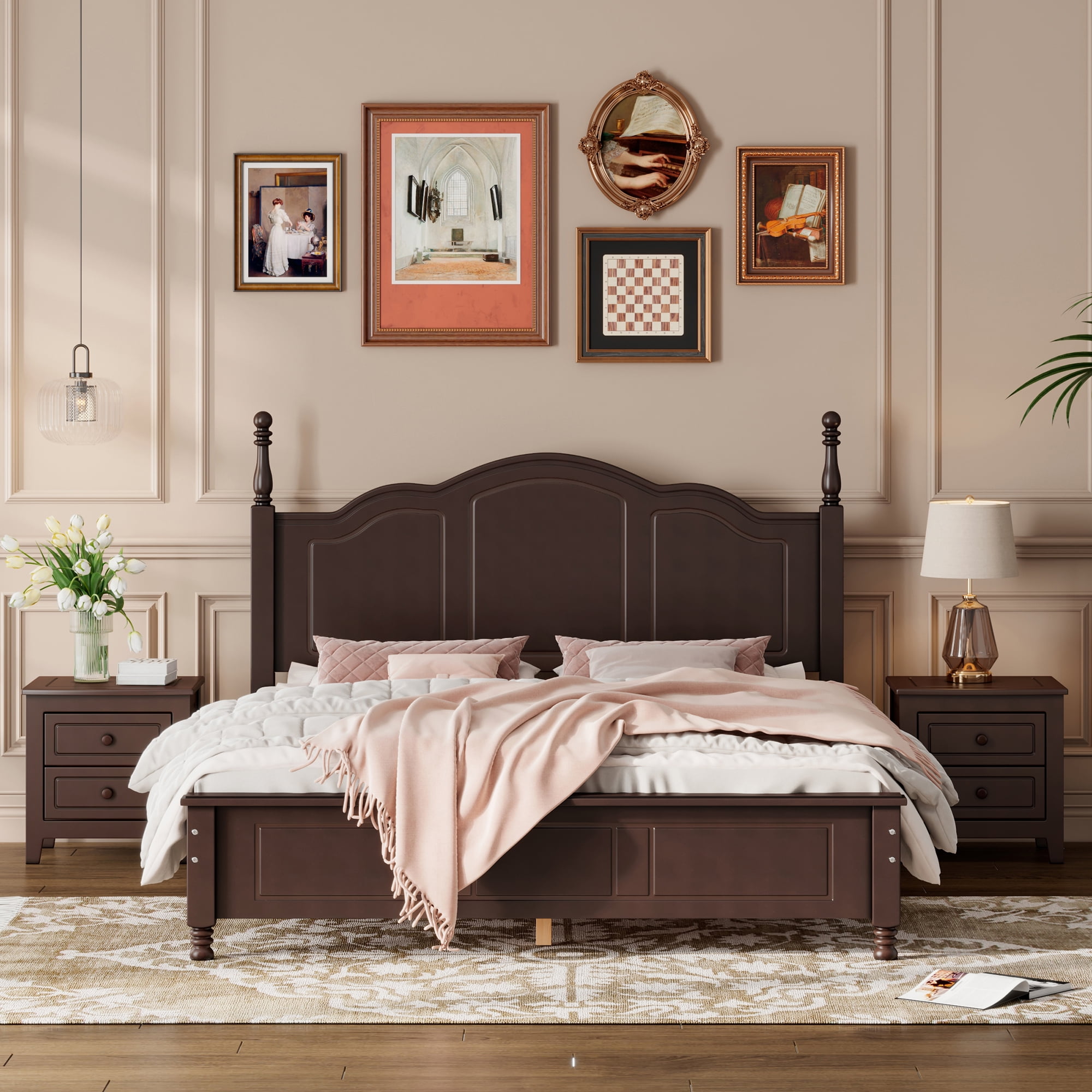 Euroco 3-Pieces Bedroom Set, Solid Wood Queen Size Platform Bed with 2 Nightstand, Walnut