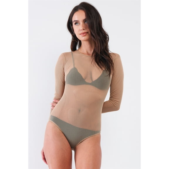 Sexy Fine Fishnet Sheer Mesh Crew Neck Long Sleeve Bodysuit