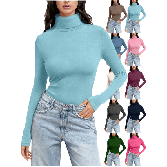 Mifsaly Turtle Necks Tops for Women Slim Fit Basic Layering Shirt Soft Stretch Mock Neck Blouse Going Out Winter Thermal Undershirts Tee Light Blue