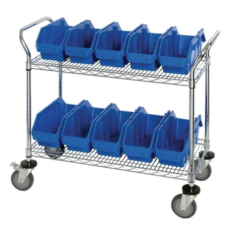 Quantum Storage Systems WRC2-1836-1265BL Wire Heavy Duty Wheels 2 Shelves 38" H x 36" W x 18" D with 10 Blue Bins 13" L x 7" W x 5" H