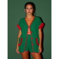 thumbnail image 6 of Womens 2 Piece Set Fringed Trim Short Sleeve Vneck Button Up Top Shorts Lounge Set with Pockets Green S, 6 of 8