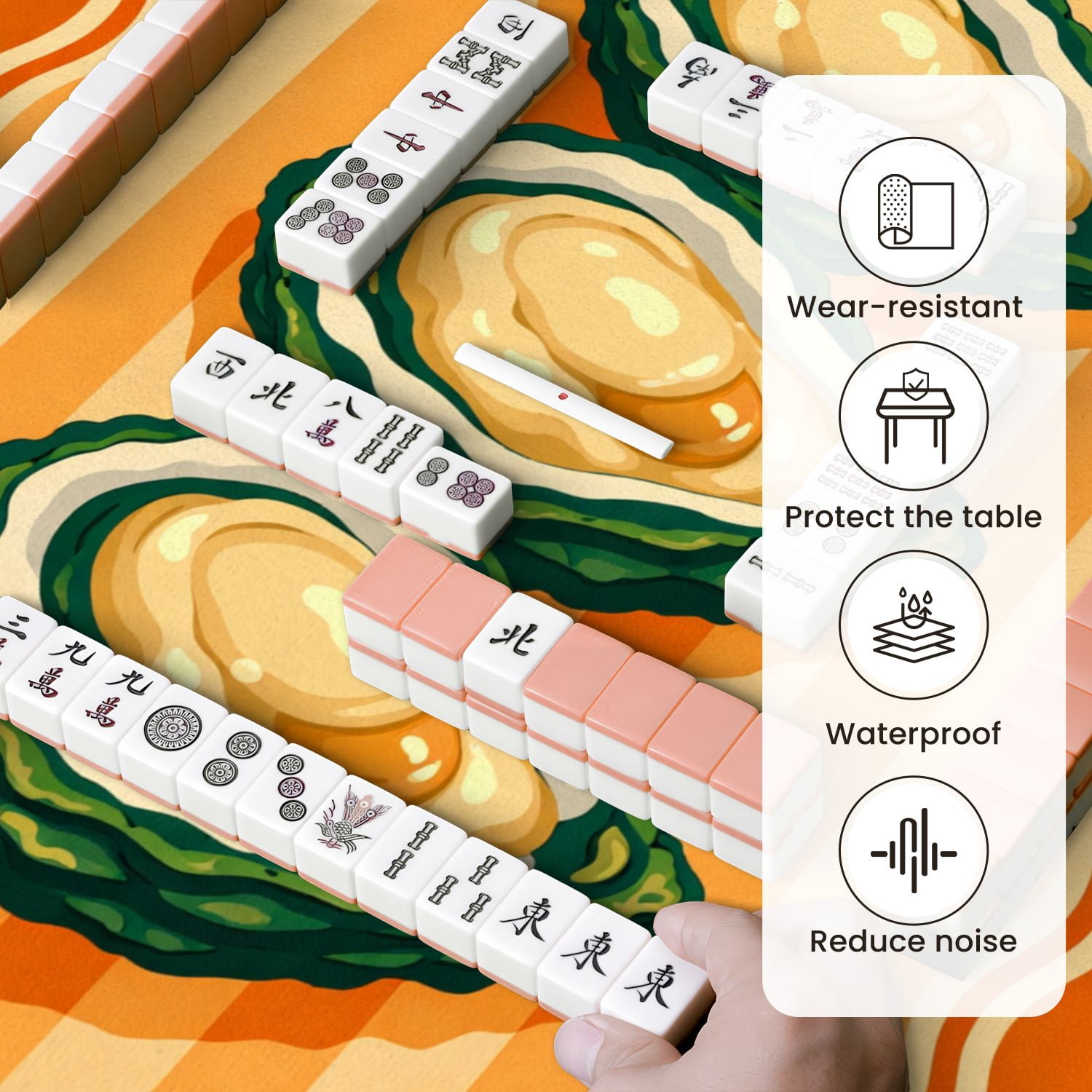 Mahjong Mat 31.5" x 31.5" Three Fresh Oysters Orange Striped Cartoon Style Non-Slip Noise Reduction Mahjong Tiles Table Cover for Dominoes Poker Card Board and Tile Games