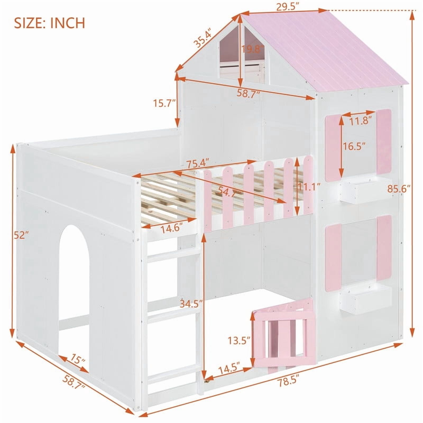 Full over Full House-Shaped Bunk Bed with Roof and Window, Kids/Teens Playful Designed Bed Frame with Fence and LED Light