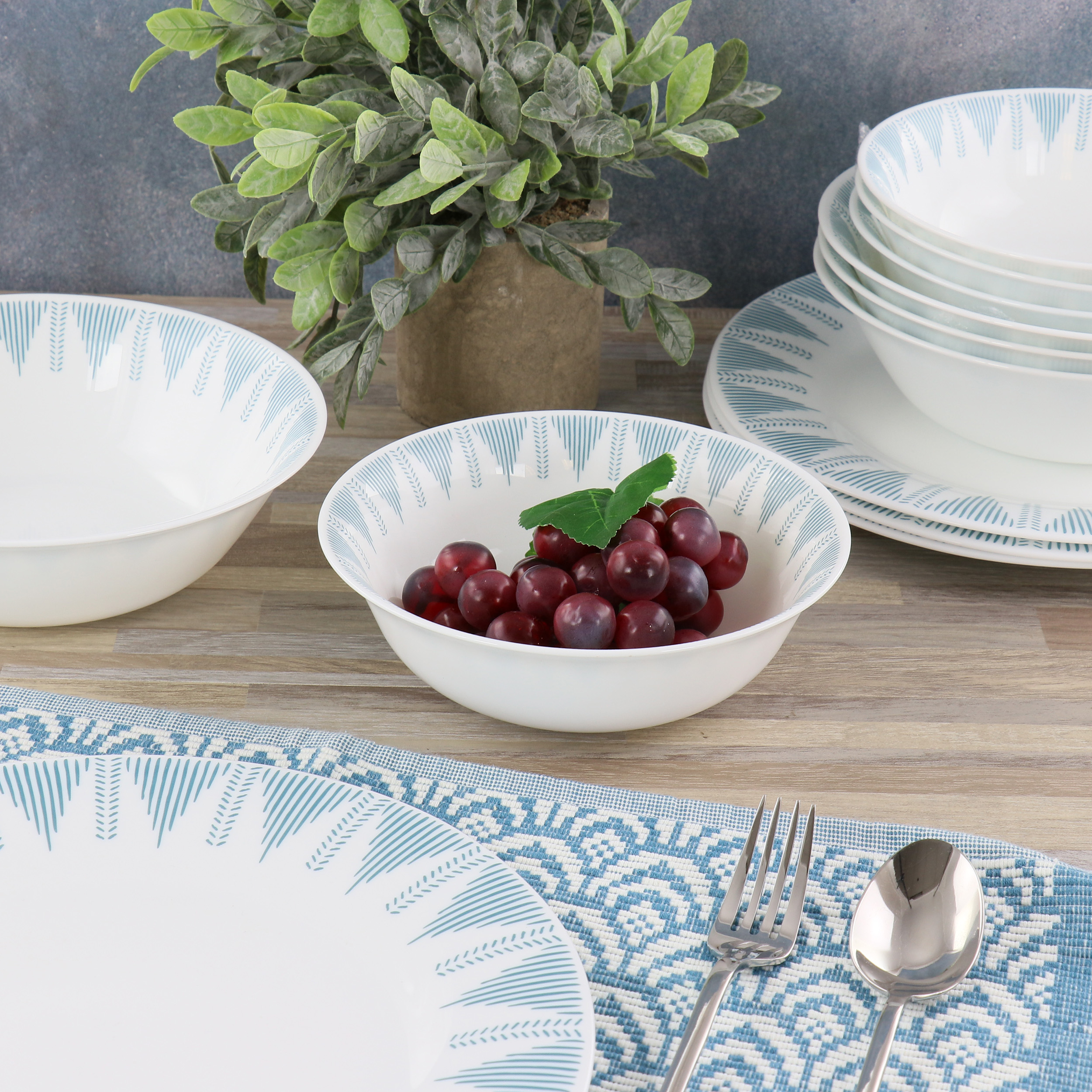 Ultra by Gibson Piper Point 12 Piece Opal Glass Dinnerware Set in White With Blue Accents