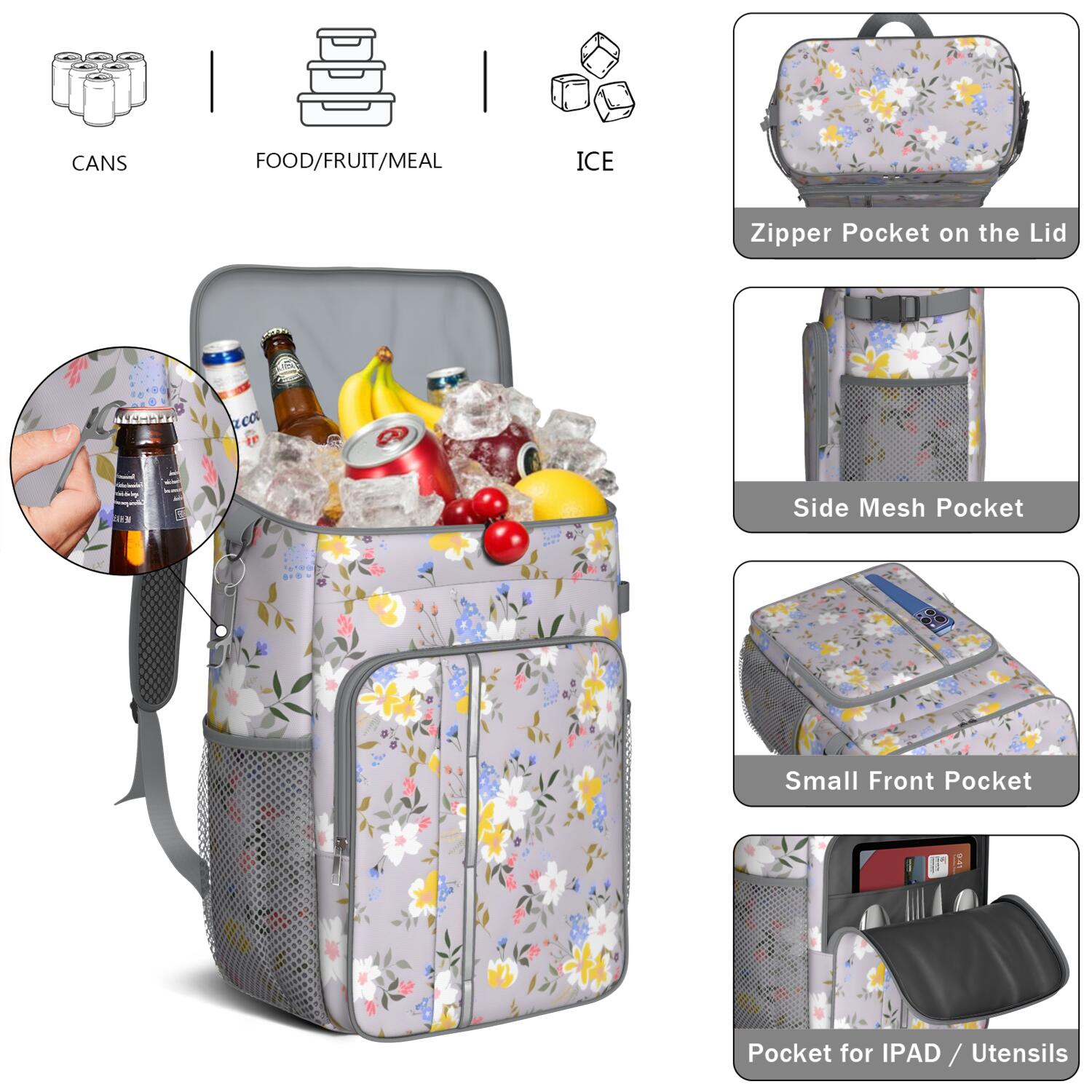 Travel Cooler Bag - Pioneer Flower Floral Print Pattern Camping Beer Cooler Backpack with Bottle Opener- Waterproof Insulated Picnic Backpacks - Cooler Bag for Beach