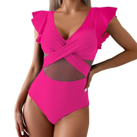 Rigardu Hot Sale!! Women s Ruffled One Piece Swimsuit Tummy Control Bathing Suits Swimwear Women s Conservative Printed High Waisted Totanchini with Breast Pad Without Hot Pink S