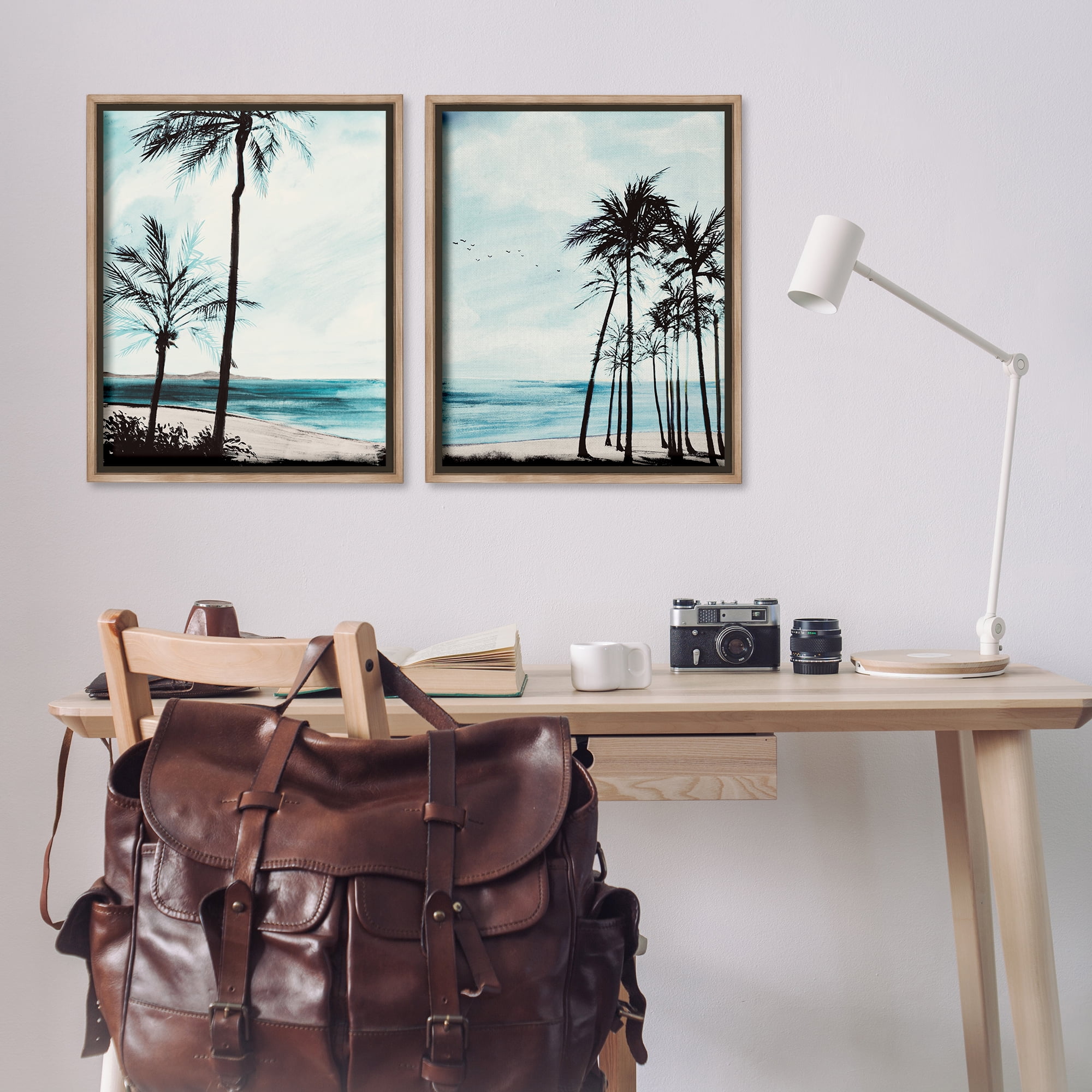 Stupell Industries Tropical Palm Seaview Landscape & Nature Painting Brown Floater Framed Canvas Art Print Wall Art, 31 x 25, Set of 2