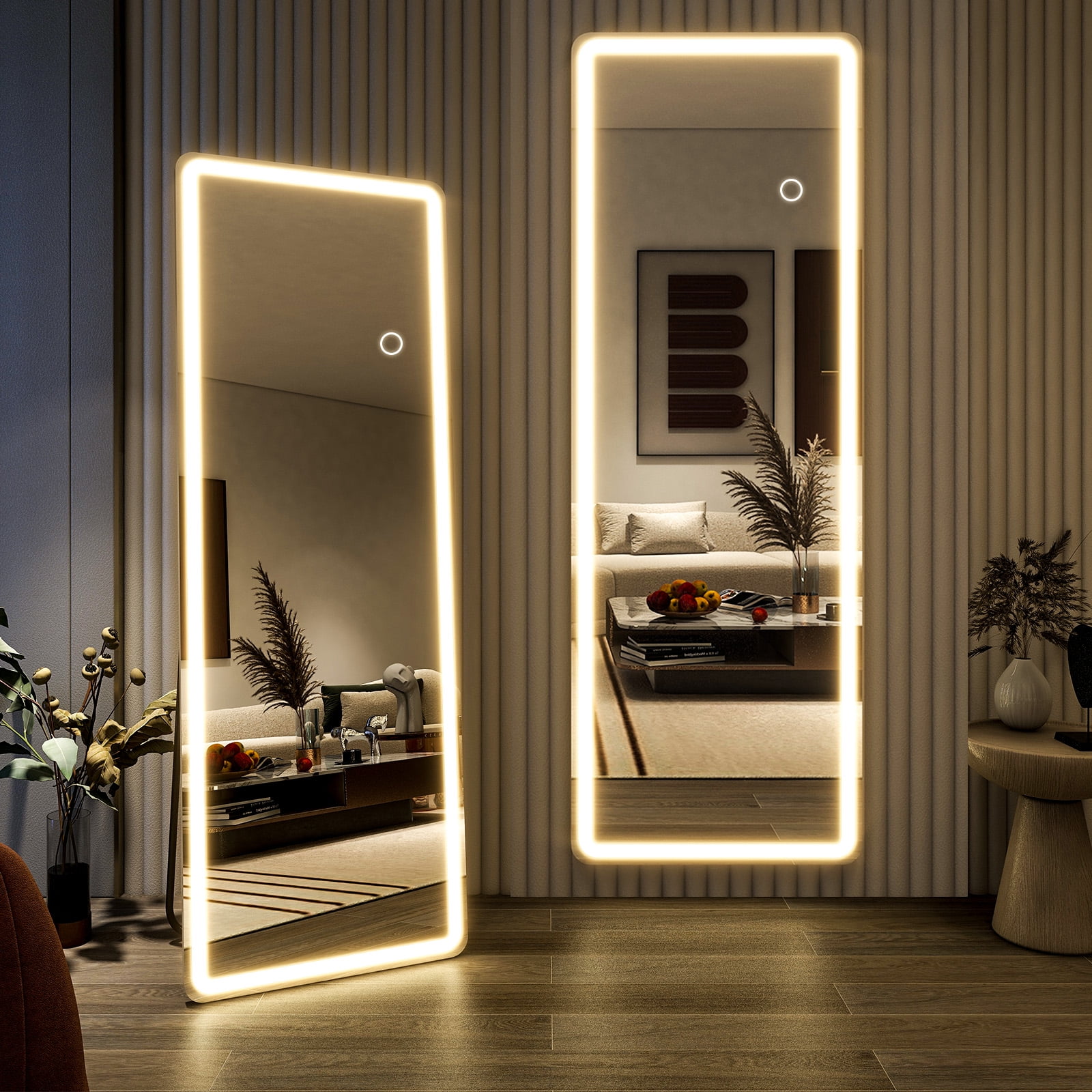 BEAUTYPEAK 64" x 21" LED Rectangular Full Length Mirror Standing Floor Mirror with Safe Corners,White