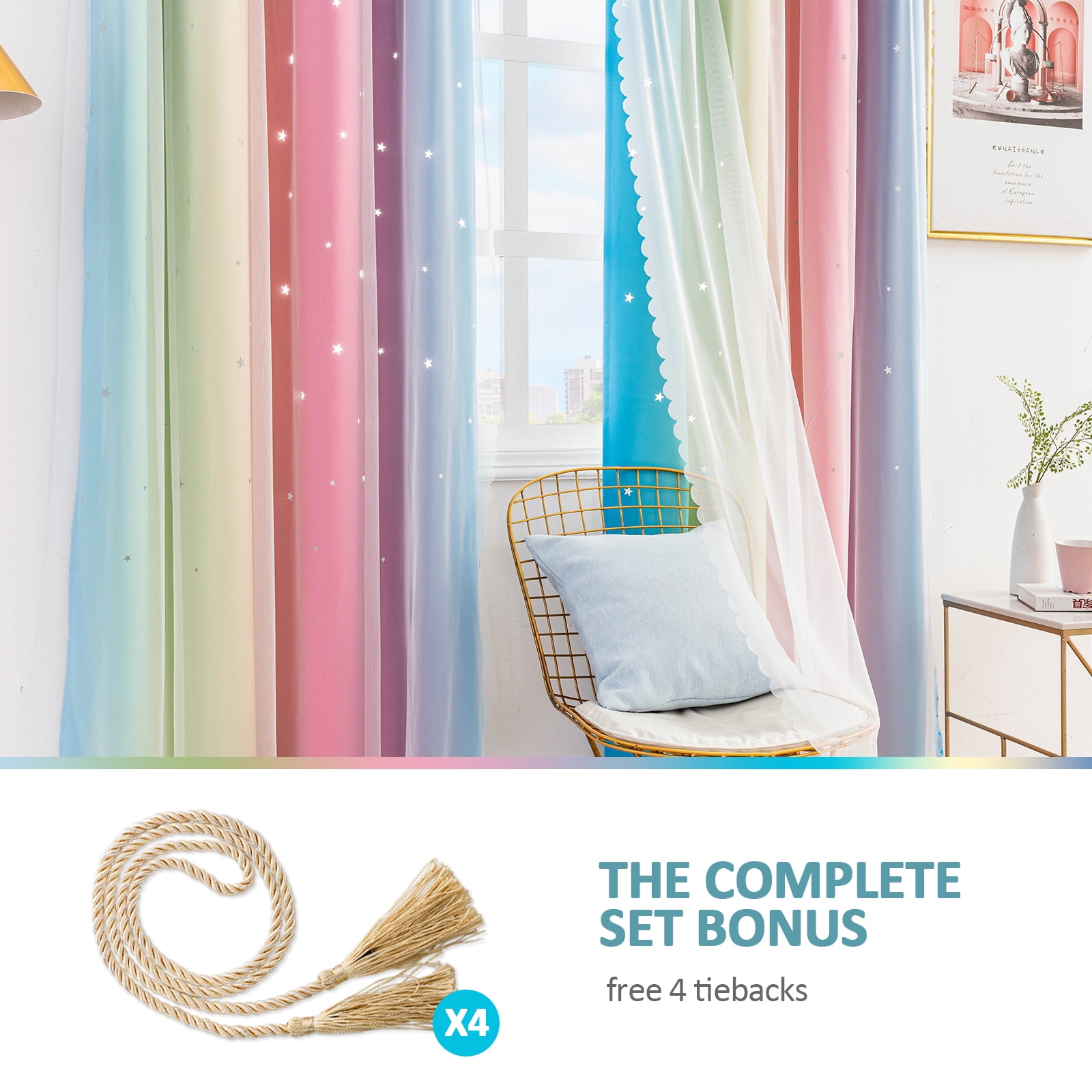 Anjee Stars Blackout Curtains for Girls Bedroom, Grommet Top 2 in 1 Double Layer Rainbow Window Curtains with Sheer, for Kids Nursery Playroom Childcare Room, 52" x 63"