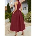 thumbnail image 5 of Burgundy Sleeveless High-Neck A-Line Midi Dress With Belted Waist, 5 of 9