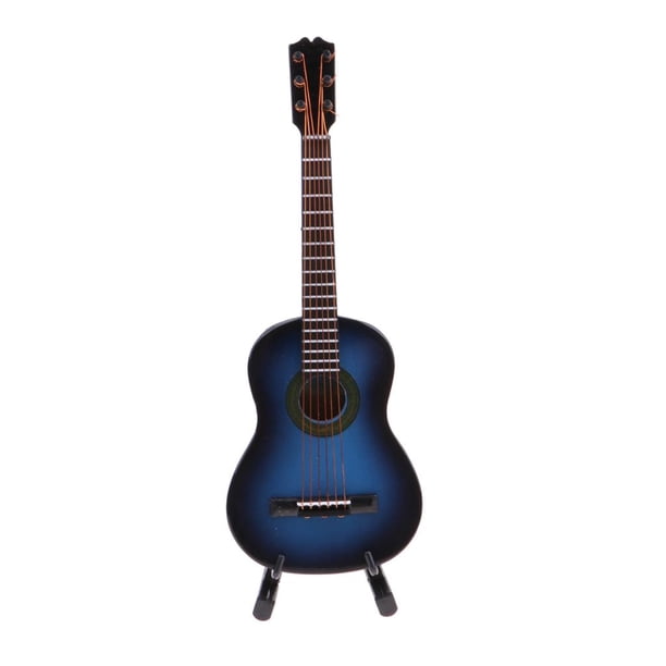 MERIGLARE Guitare Acoustique en Bois 1/8 Modèle avec Support pour Maison de Poupée Bureau Ornement Bleu