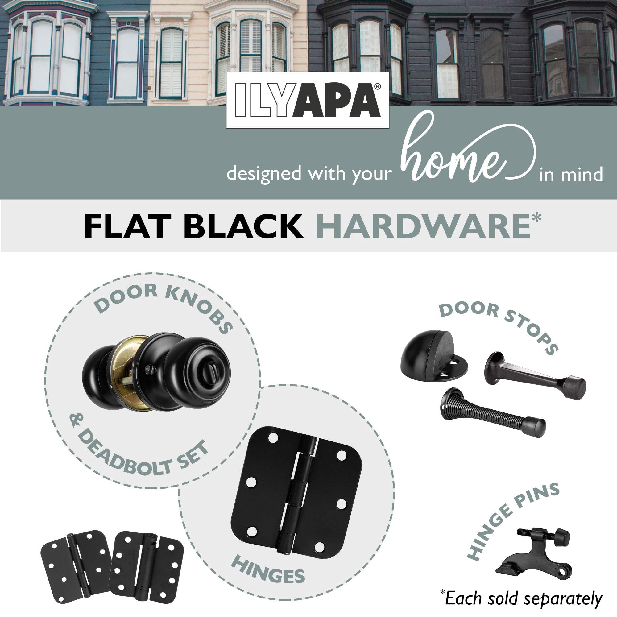 Ilyapa Privacy Door Knob, Bathroom or Bedroom Door Knobs with Lock, Modern Short, Black Knobs Interior Keyless Turn Thumb Locking Round Handle, Black 10 Pack