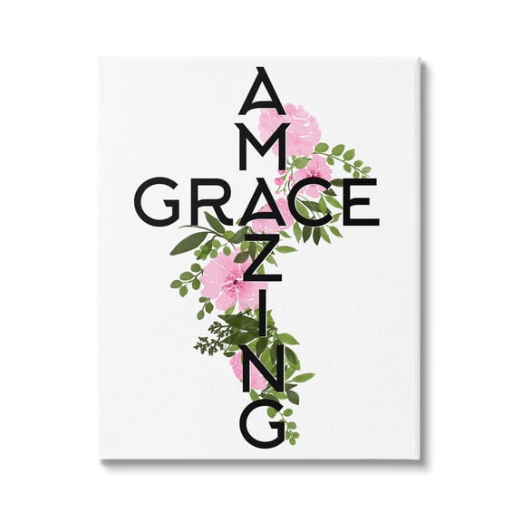 Stupell Industries Amazing Grace Pink Floral Cross Shape Botanicals Canvas Wall Art, 24 x 30, Design by Ann Bailey