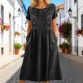 thumbnail image 2 of Puliio Summer Dresses for Women Short Sleeve Round Neck Embroidered Linen Midi Dress with Pockets, 2 of 6