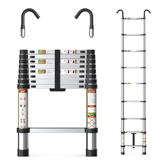 Aprleaf 8.5FT Telescoping Ladder with Anti-Slip Hooks, Aluminum Retraction Collapsible Extension Ladder, 330 LBS Capacity with Non-slip Feet, Portable Multi-purpose Compact Ladder for Home, RV, Loft