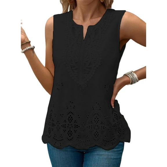 Women'S Eyelet Embroidered Sleeveless Blouse V Neck Casual Summer Shirt Tops Black XXL