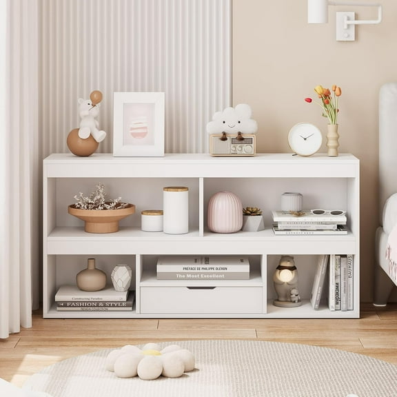 2-Tier Kids Bookshelf with 5-Cubby Storage and Drawer – Unfinished Wooden Toy Organizer, Floor-Mounted Bookcase for Playroom, Bedroom, Classroom, White