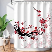 Red Floral Shower Curtains,Cherry Blossom Flower Plum Asian Japanese Aesthetic Watercolor Traditional Ink Scenery,Art Shower Curtain Waterproof Fabric