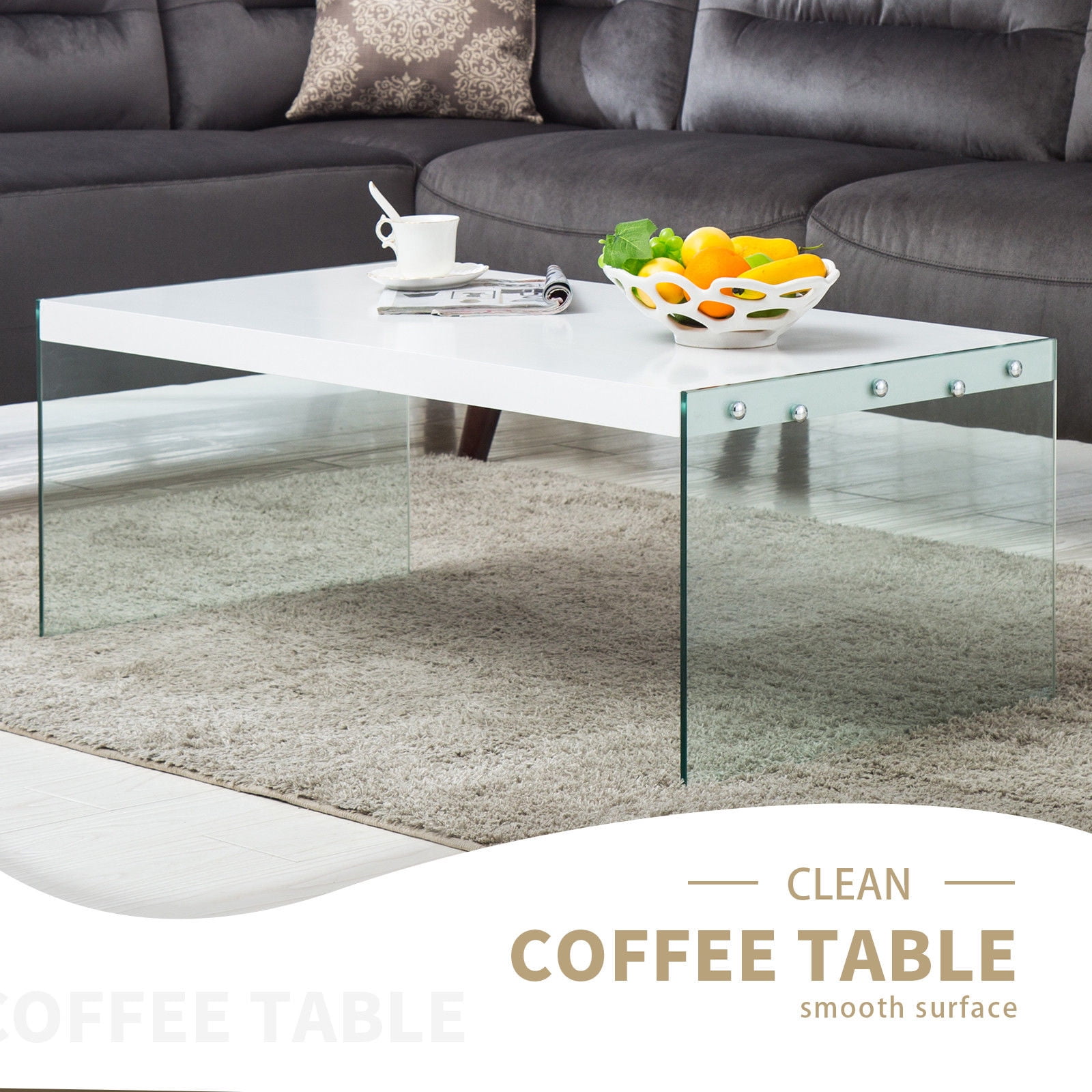 Mecor Coffee Table Wood Top Tempered Glass Legs Contemporary Living