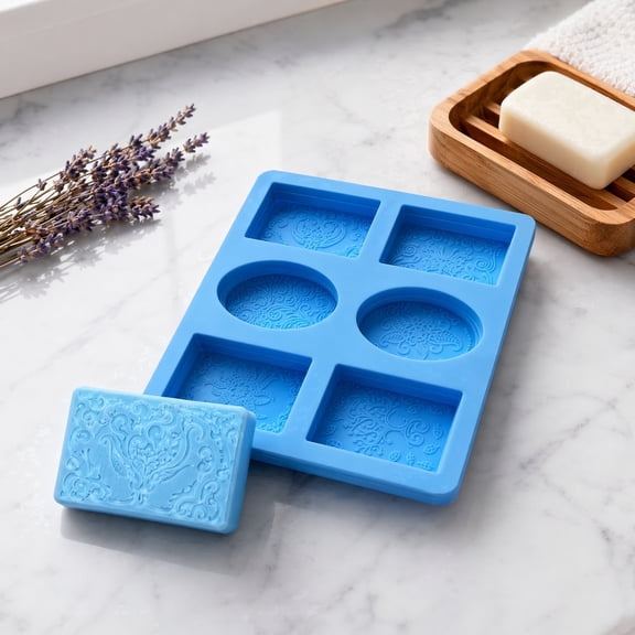 Soap Molds – 6-Cavity Silicone Mold with 2 Oval 4 Square Cavities, Floral & Heart Embossed, 7.80" × 8.58", Food-Grade for Cold Process Soap