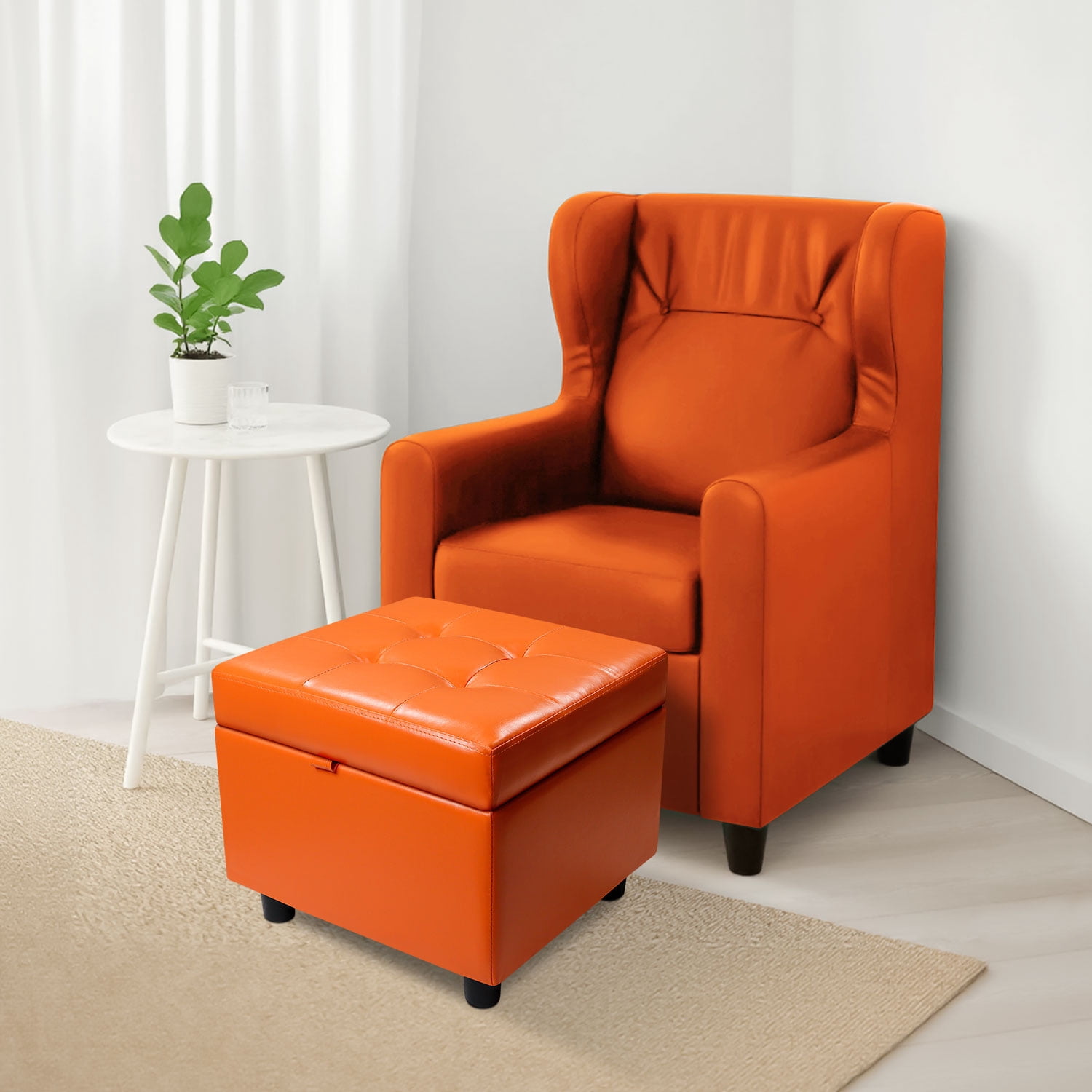 H&B Luxuries Tufted Leather Square Flip Top Storage Ottoman Cube Foot Rest (Orange with Storage)