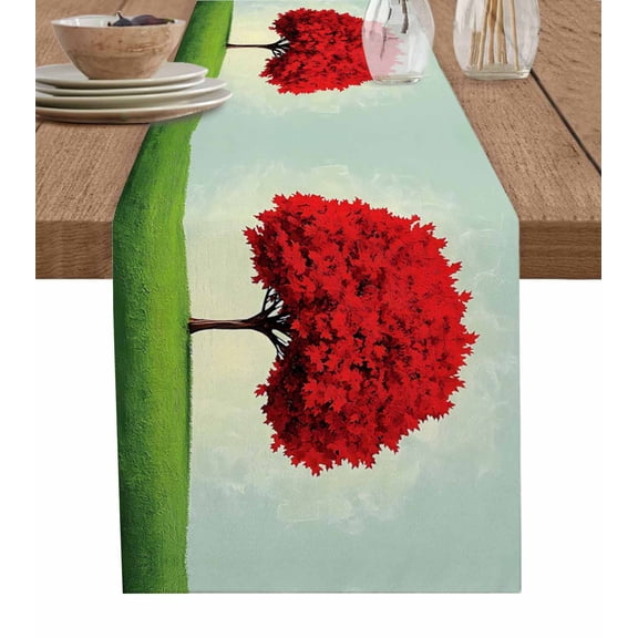 ERUNPONLY Red Tree Table Runner - 70 Inch Long Green Grass Gradient Sky Watercolor Cotton and Linen Blended Dress Scarves Farmhouse Table Runner for Kitchen Dining, Coffee Table, 13" x 70"